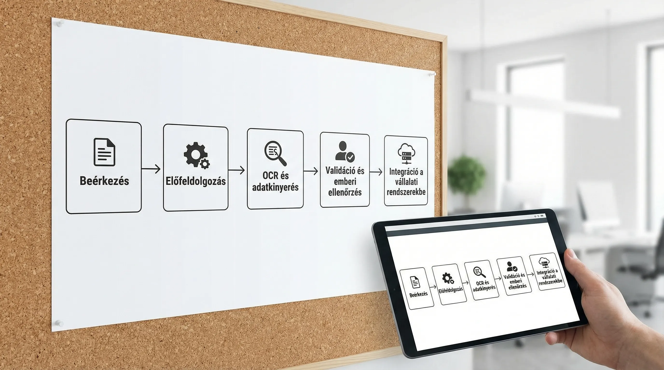 Egyszerű dokumentum digitalizálási folyamatábra: beérkezés, előfeldolgozás, OCR és adatkinyerés, validáció és emberi ellenőrzés, integráció a vállalati rendszerekbe.
