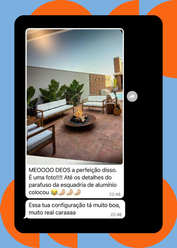Mensagem sobre um render de área externa com fogueira: “a perfeição disso, é uma foto”, elogiando até o detalhe do parafuso da esquadria de alumínio.