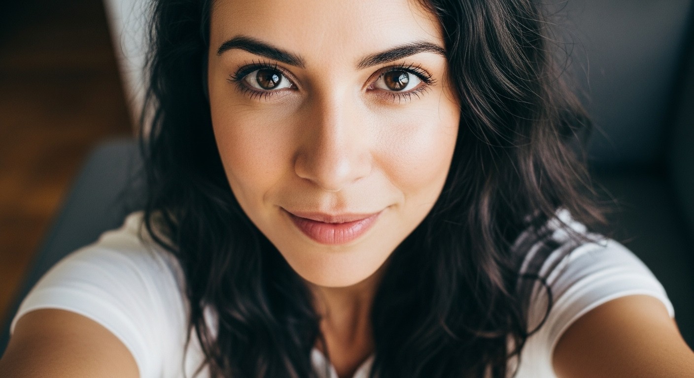 mulher morena sorrindo para a camera