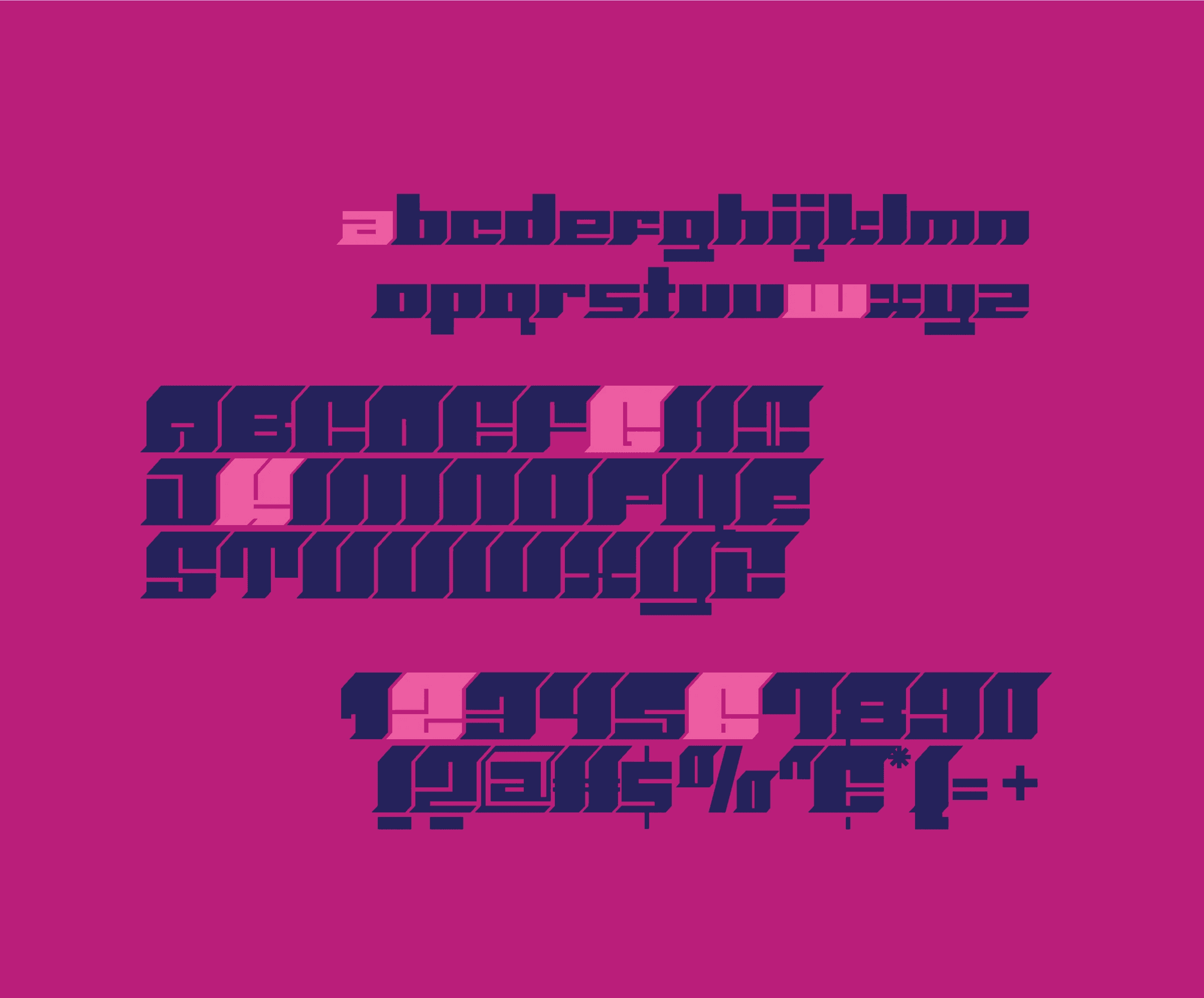 Three samples of the typeface: Uppercase, lowercase, and numbers and symbols. 
