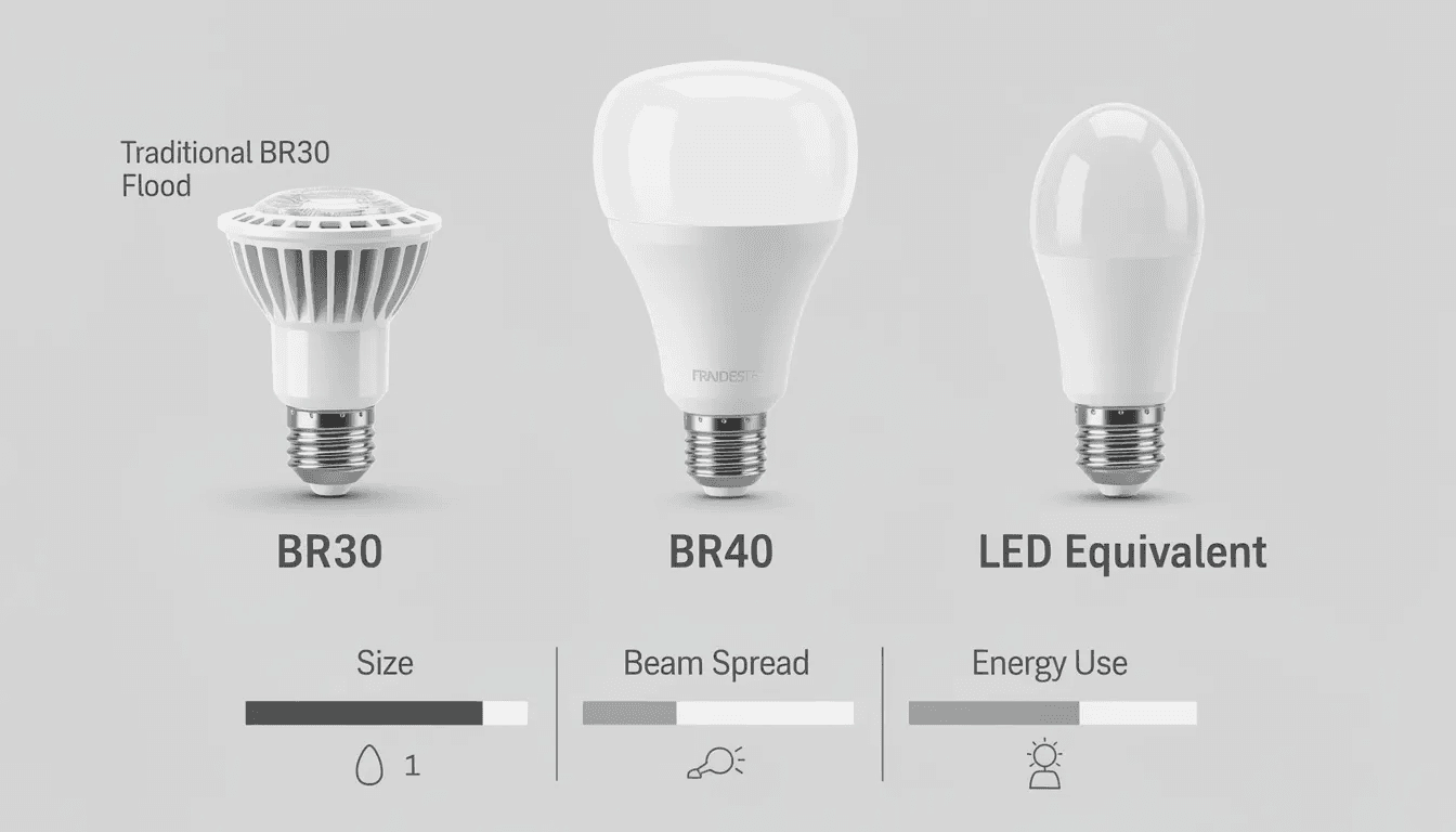 The image showcases a comparison of various recessed light bulb types, including BR30, BR40, and LED equivalents, arranged side by side. Each bulb is labeled, highlighting their differences in size and design, which are essential for replacing recessed light bulbs in recessed lighting fixtures.