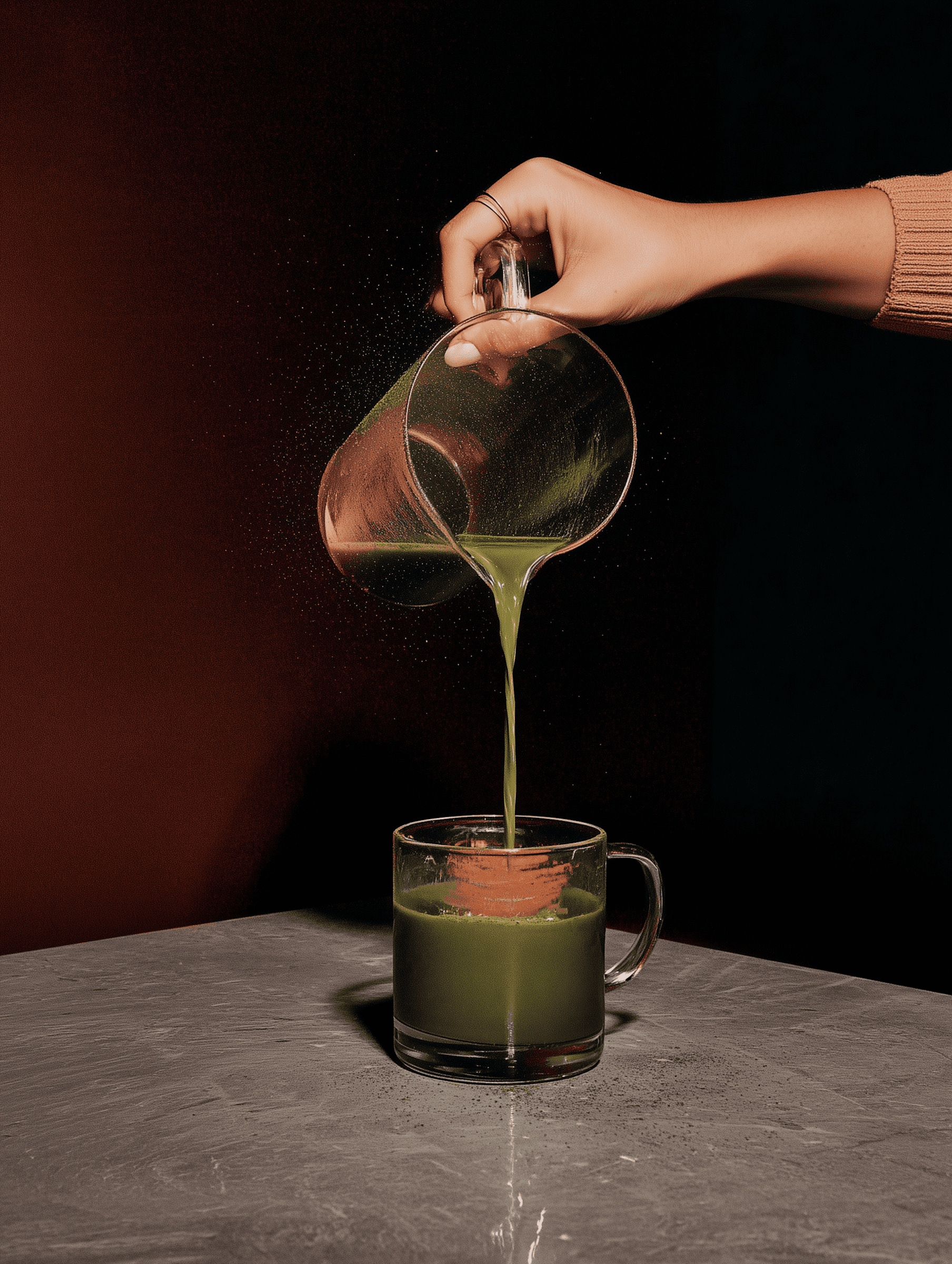 A hand pours vibrant green matcha tea into a clear mug, set against a dark background with a light gray table surface.