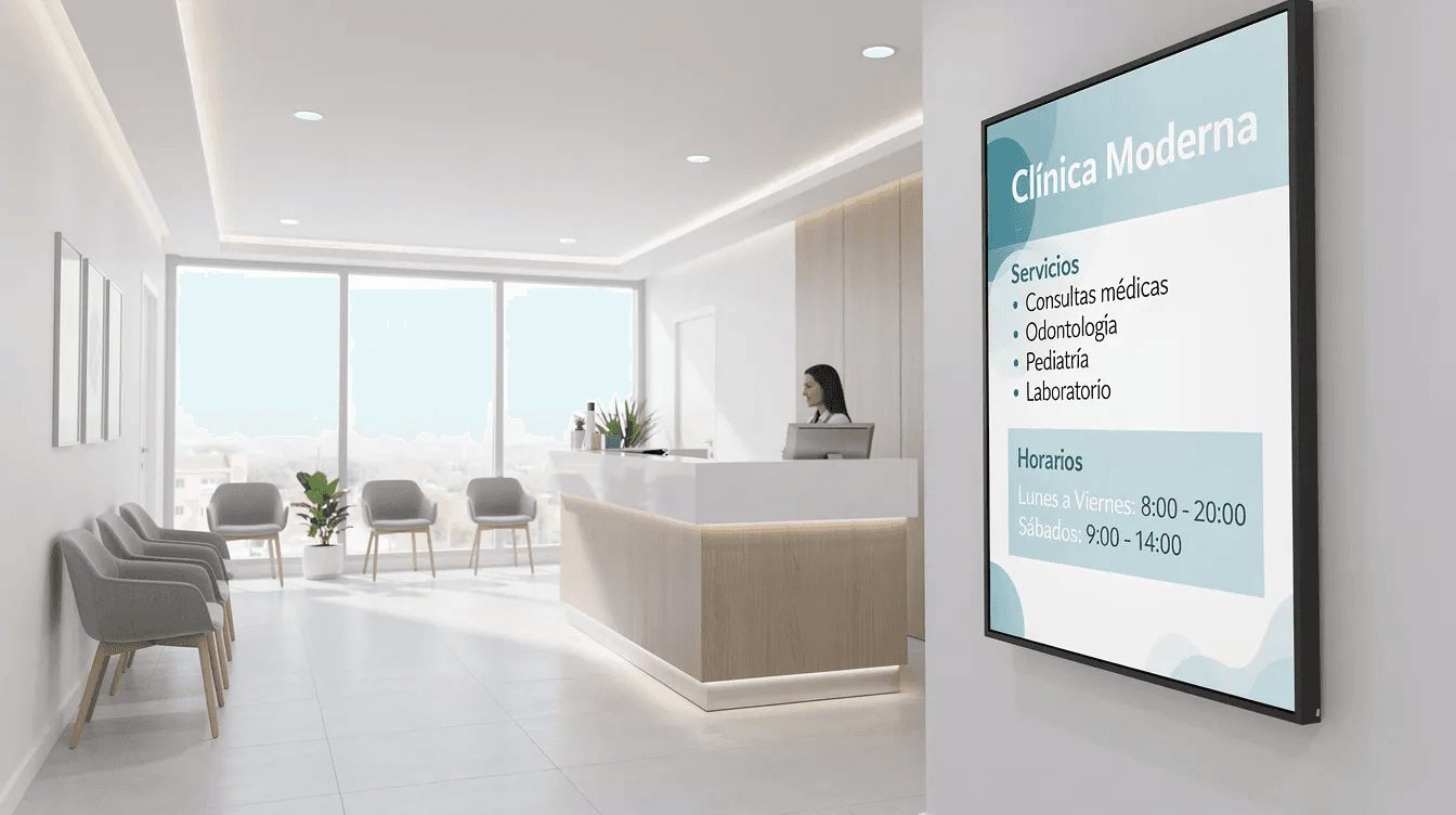 La imagen muestra una recepción de clínica moderna, equipada con una pantalla digital que presenta información sobre los servicios y horarios disponibles, creando un ambiente profesional y accesible para los clientes. Este espacio refleja la importancia de la comunicación y la calidad en la atención al usuario.