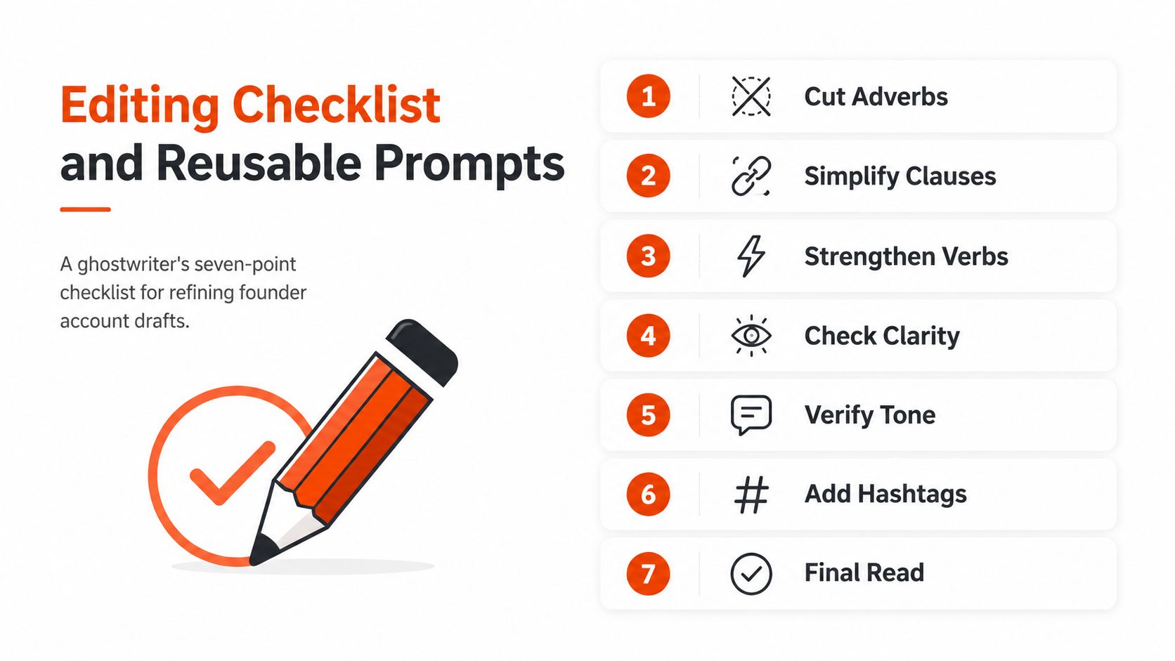 A seven point checklist for ghostwriters to refine and edit founder social media account drafts efficiently.
