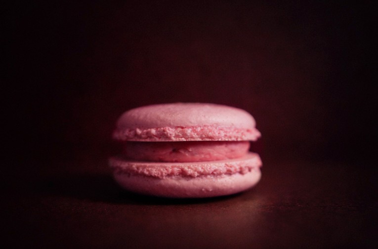 Strawberry Macaron with smooth strawberry cream between classic pink macaron shells at Café Sherpa's, Brookfield WI. Fruit-forward sweetness worth stopping in for.