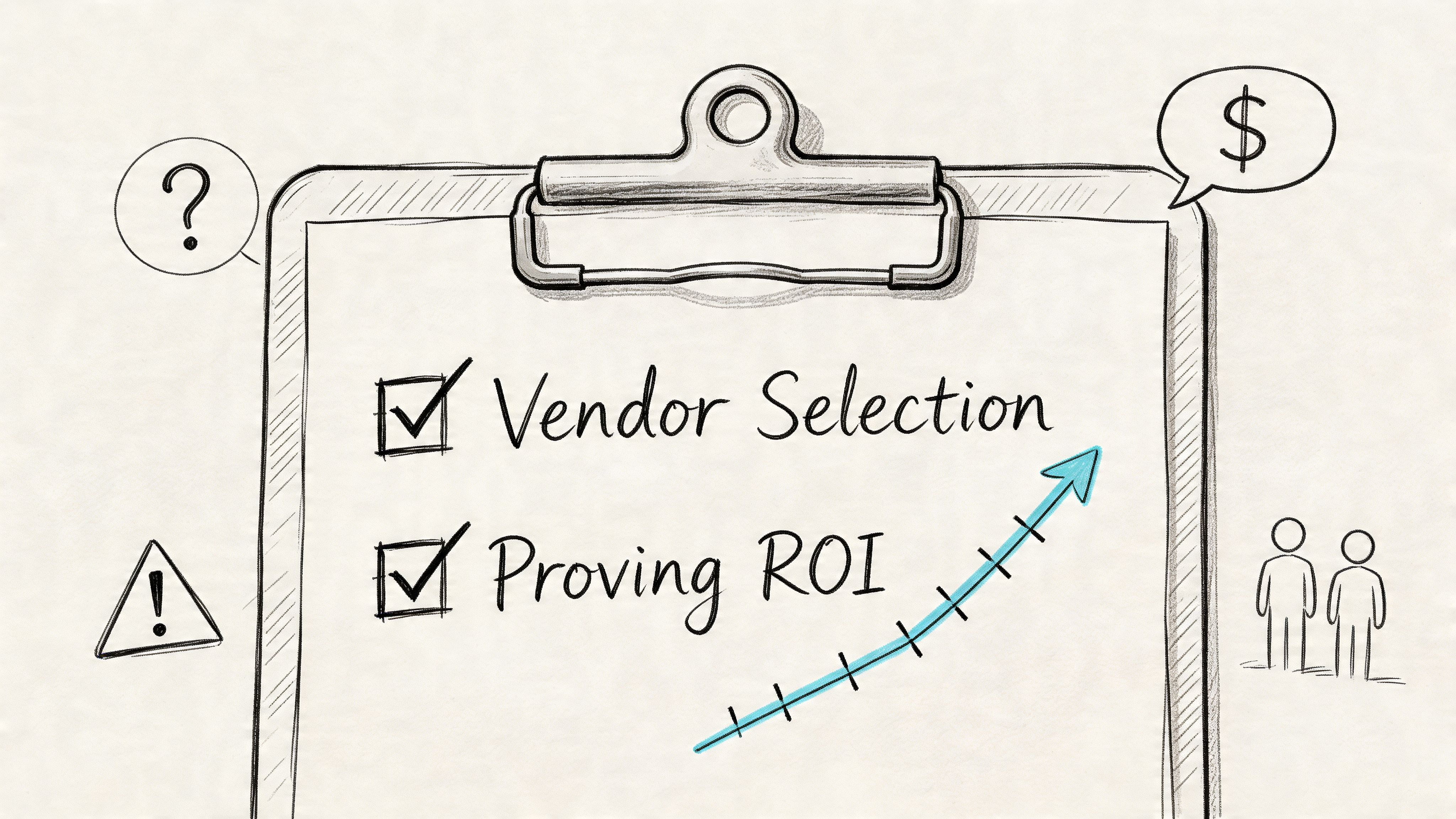 A checklist on a clipboard showing vendor selection and proving ROI with icons representing business growth.