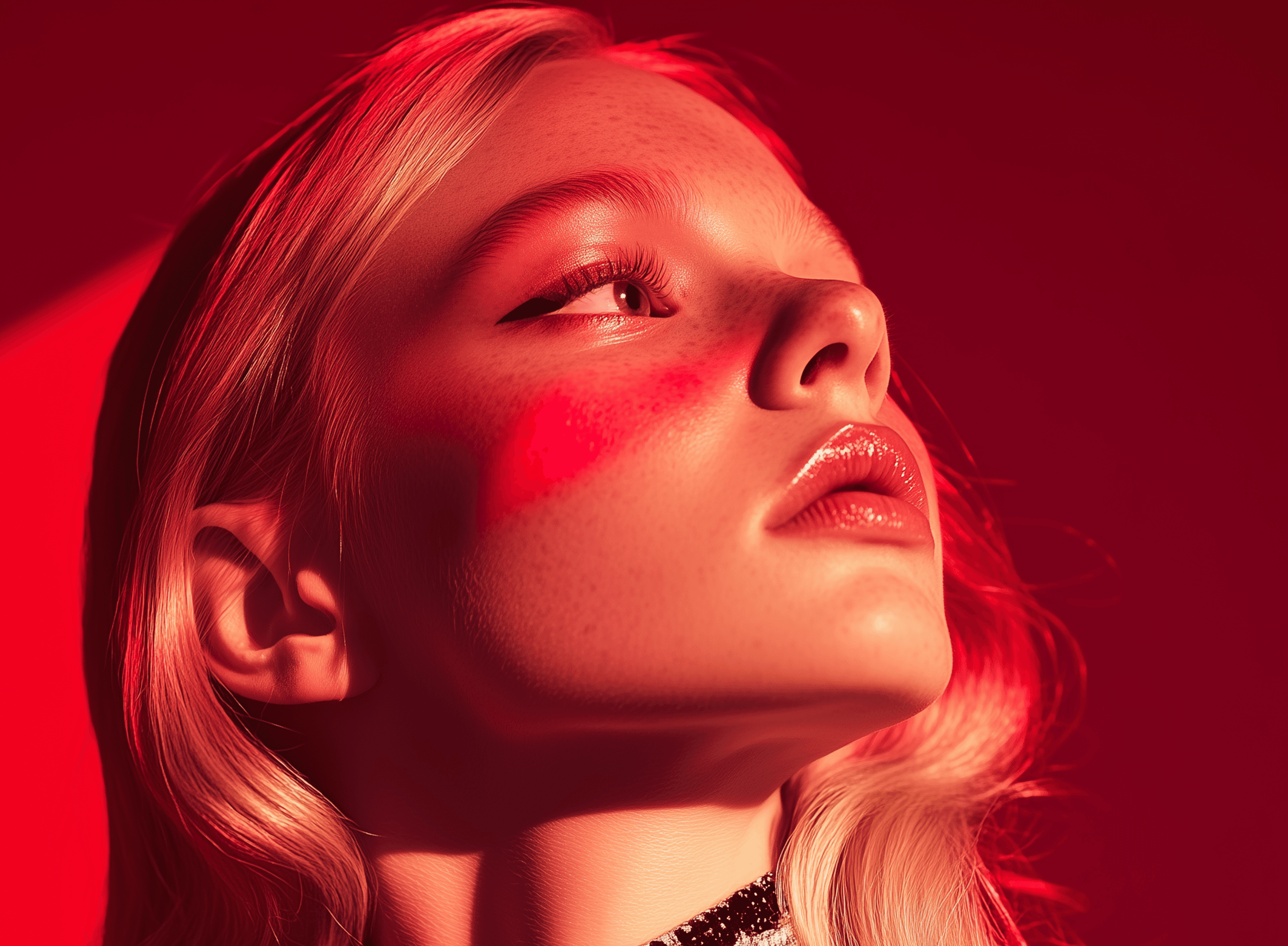 Woman with blonde hair in red lighting, looking up