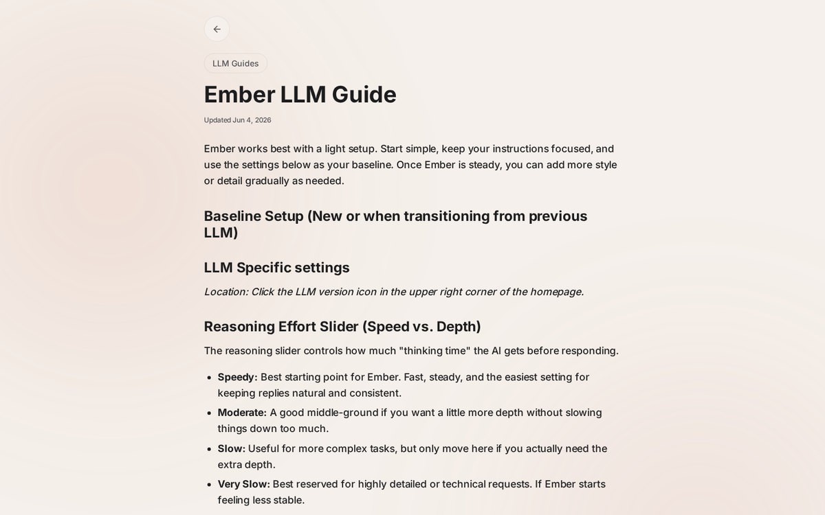 Kindroid’s Ember LLM guide in the help centre, with the reasoning slider and flair advice, September 2026.