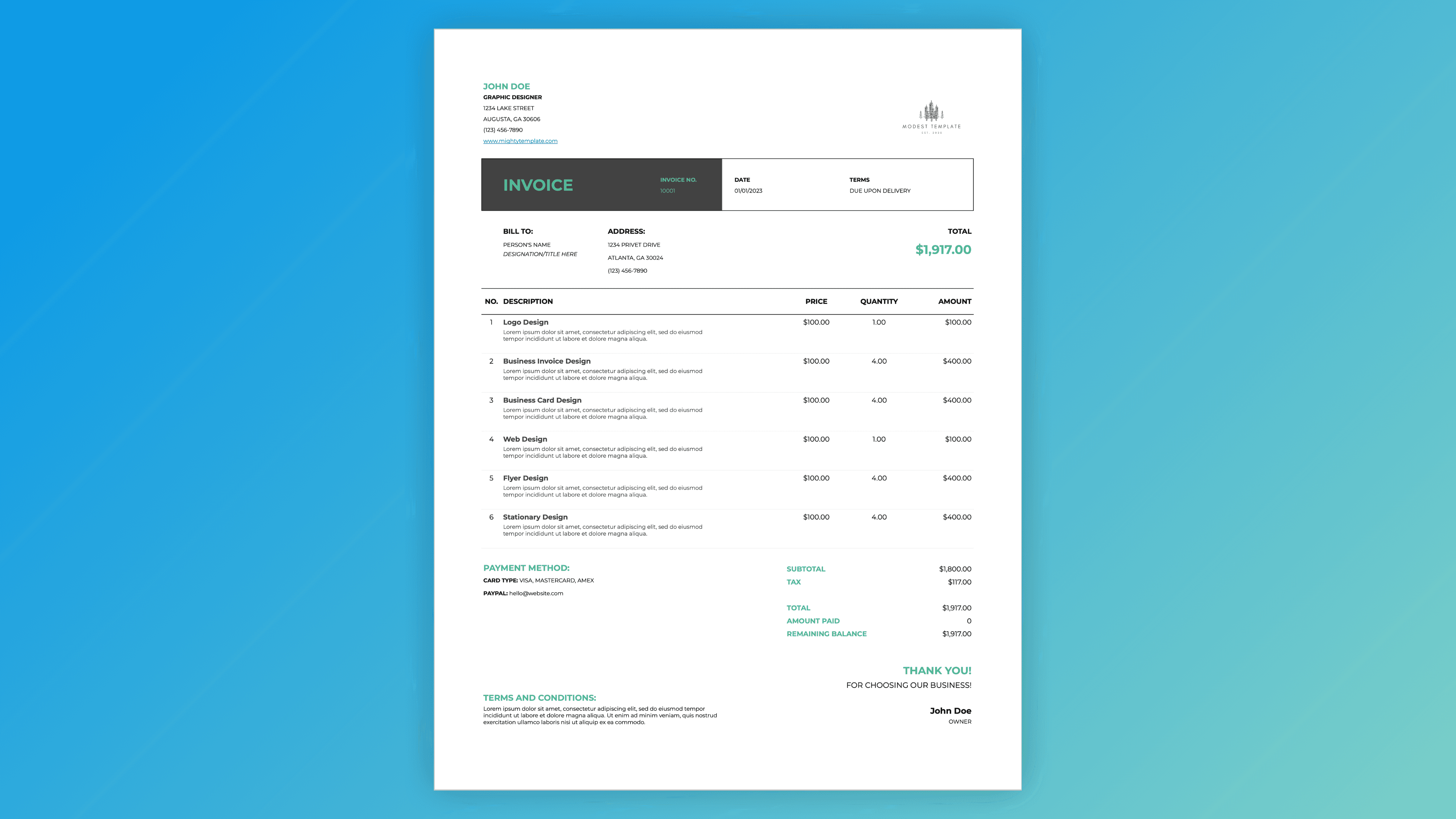 Clean invoice template – itemized services, price, quantity, total, subtotal, tax, payment terms, amount paid, remaining balance, and thank you note