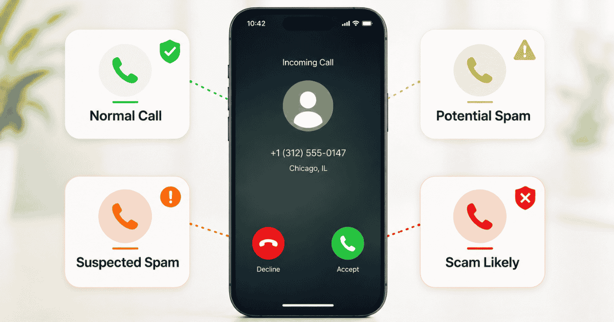 Smartphone displaying different caller warning labels including Normal Call, Potential Spam, Suspected Spam, and Scam Likely to help users understand spam call risk levels