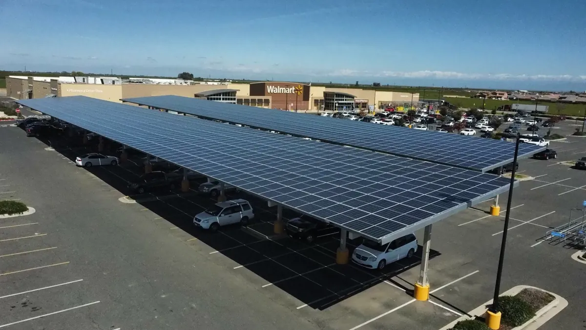 Drone view of a solar carport cleaning in Wasco, CA