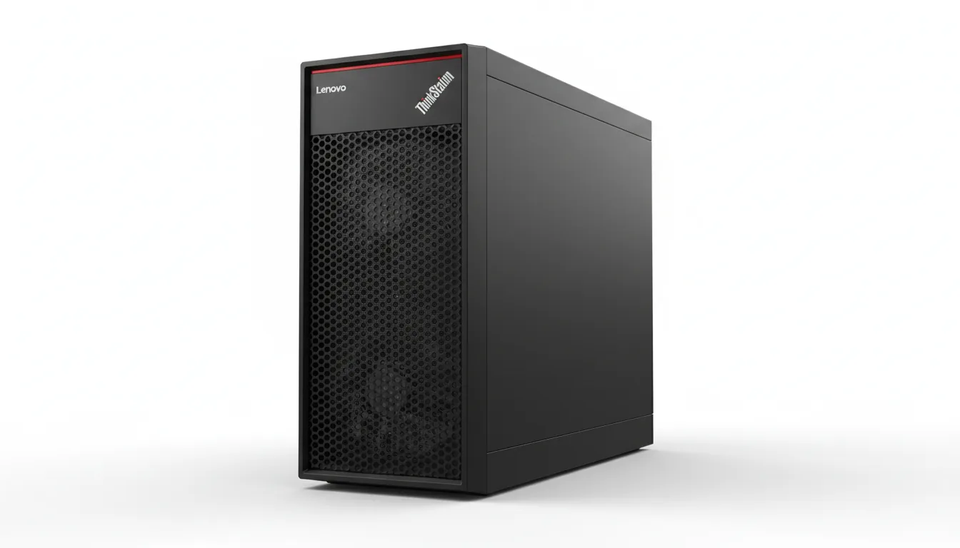 Professional product photography of a black Lenovo ThinkStation workstation tower, shot at a three-quarter angle against a seamless pure white studio background with a soft drop shadow. The image is illuminated by clean, soft studio lighting, highlighting the matte black metal texture and the prominent front honeycomb mesh grill. A distinctive thin red accent bar is visible at the top of the chassis. DSLR photo, extremely sharp focus, high-detail, photorealistic product shot.