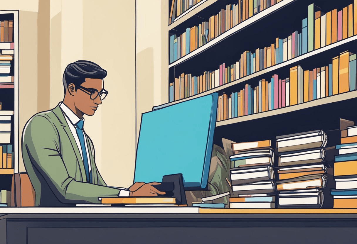 A recruiter studying a bookshelf of knowledge management resources, with a growth chart showing progress and strategies in the background
