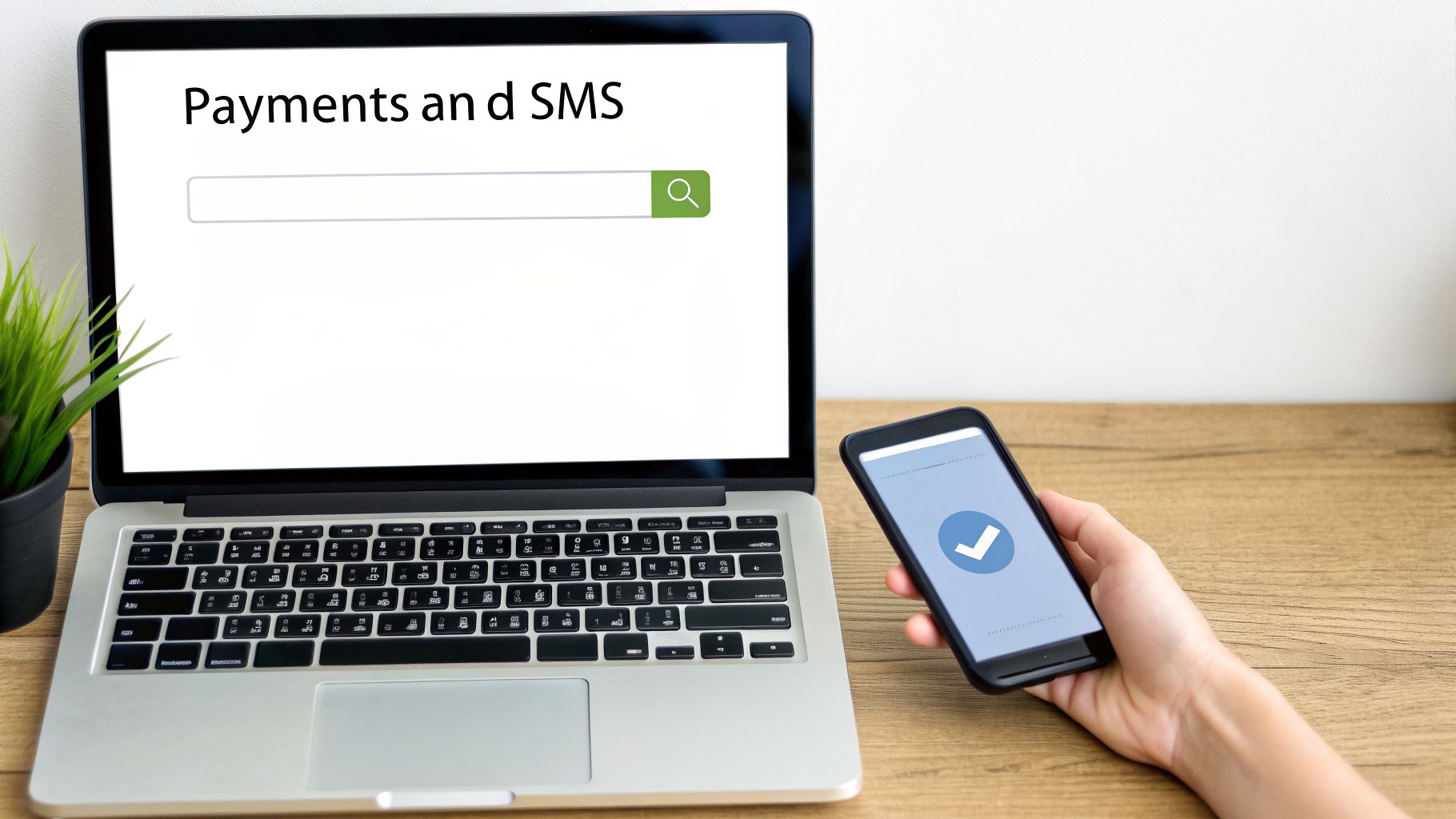 A laptop displaying 'Payments and SMS' in a search bar, with a hand holding a smartphone showing a checkmark.