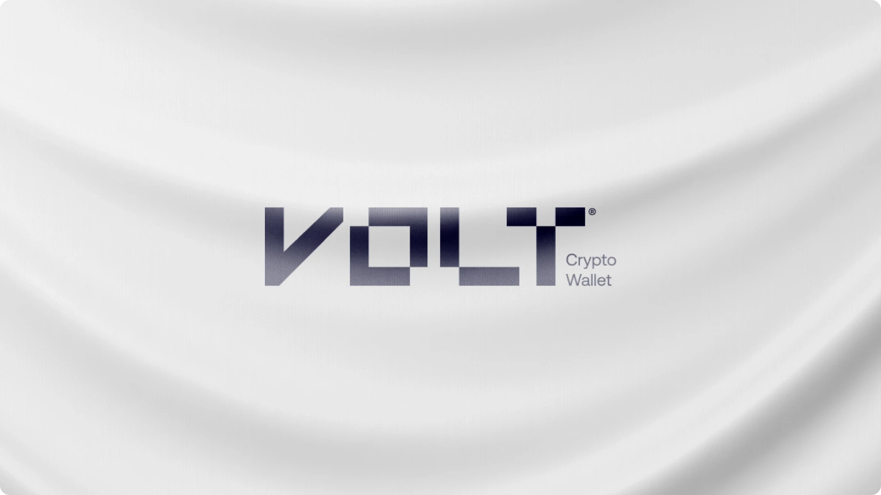 Minimalist VOLT Crypto Wallet logo in dark blue and gray, centered on a softly waving white fabric background, conveying security and calm.
