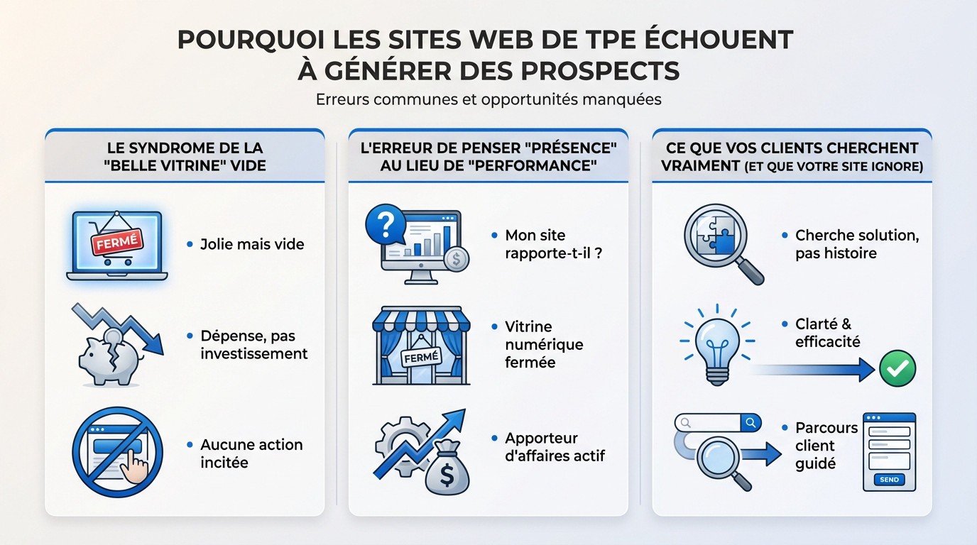 Graphique illustrant les opportunités manquées par les sites vitrines de TPE inefficaces
