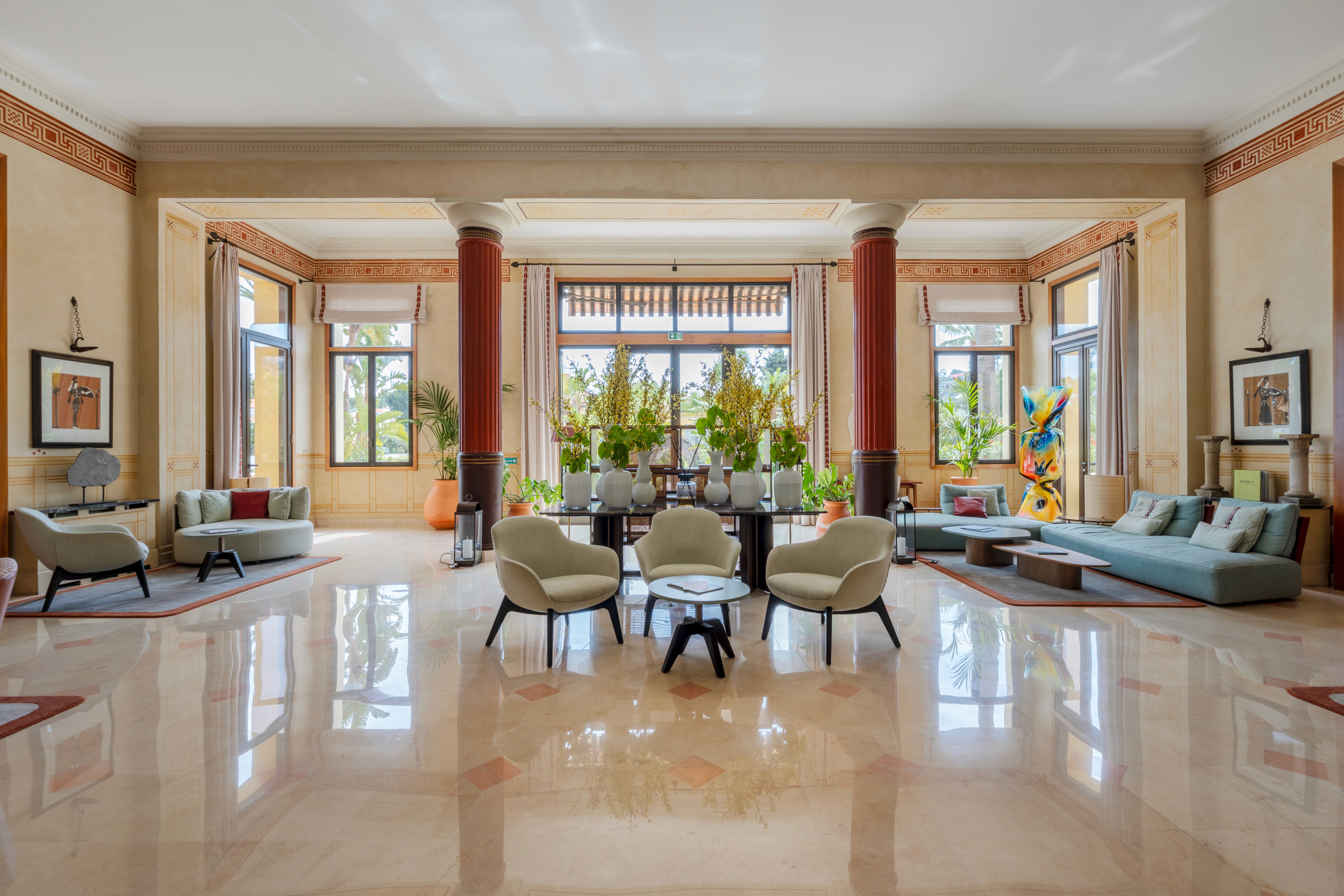 Royal Riviera Hotel lobby with classical columns, marble floors and elegant seating, Saint-Jean-Cap-Ferrat