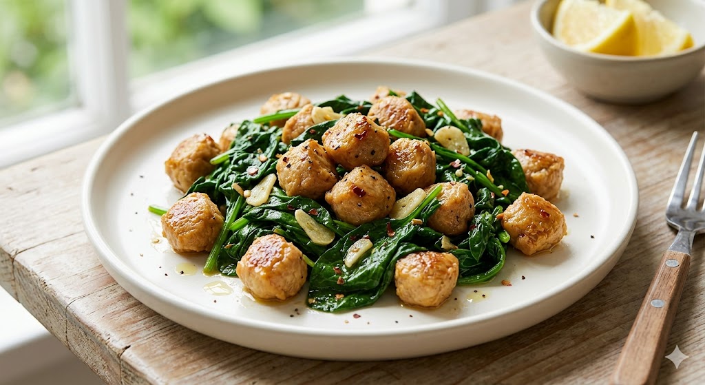 A plate of healthy sautéed soy chunks mixed with wilted spinach, garlic cloves, and chili flakes, served on a white plate with lemon wedges and a fork in a sunlit kitchen.