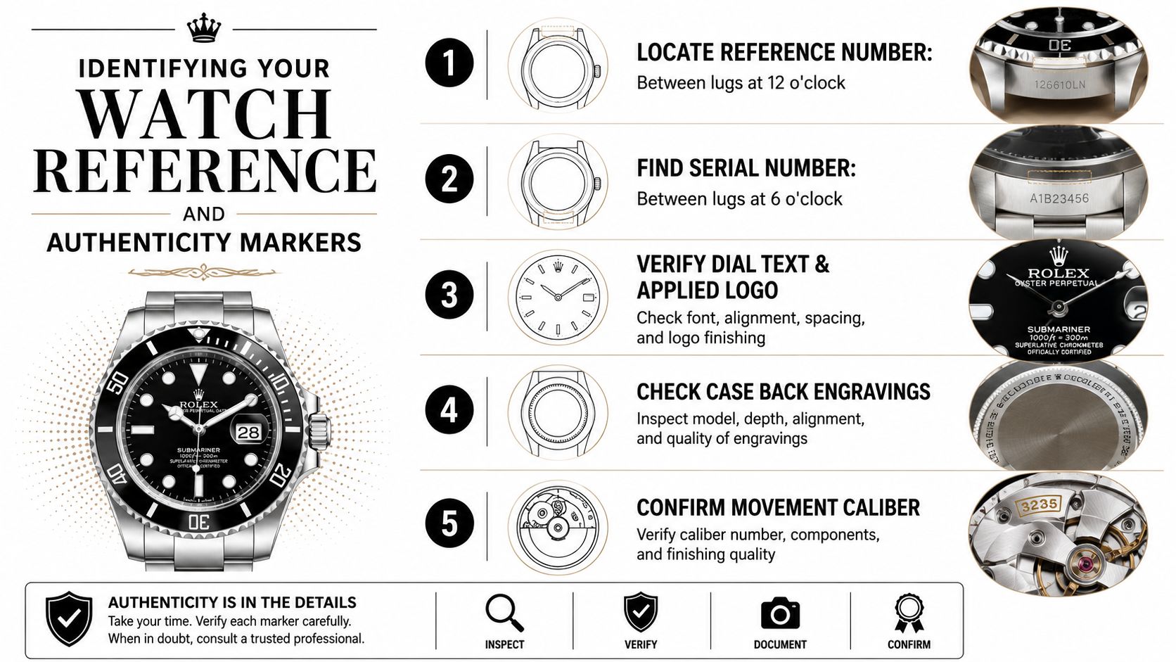 A Rolex watch authentication guide showing five steps to identify reference, serial numbers, dial, case, and movement.