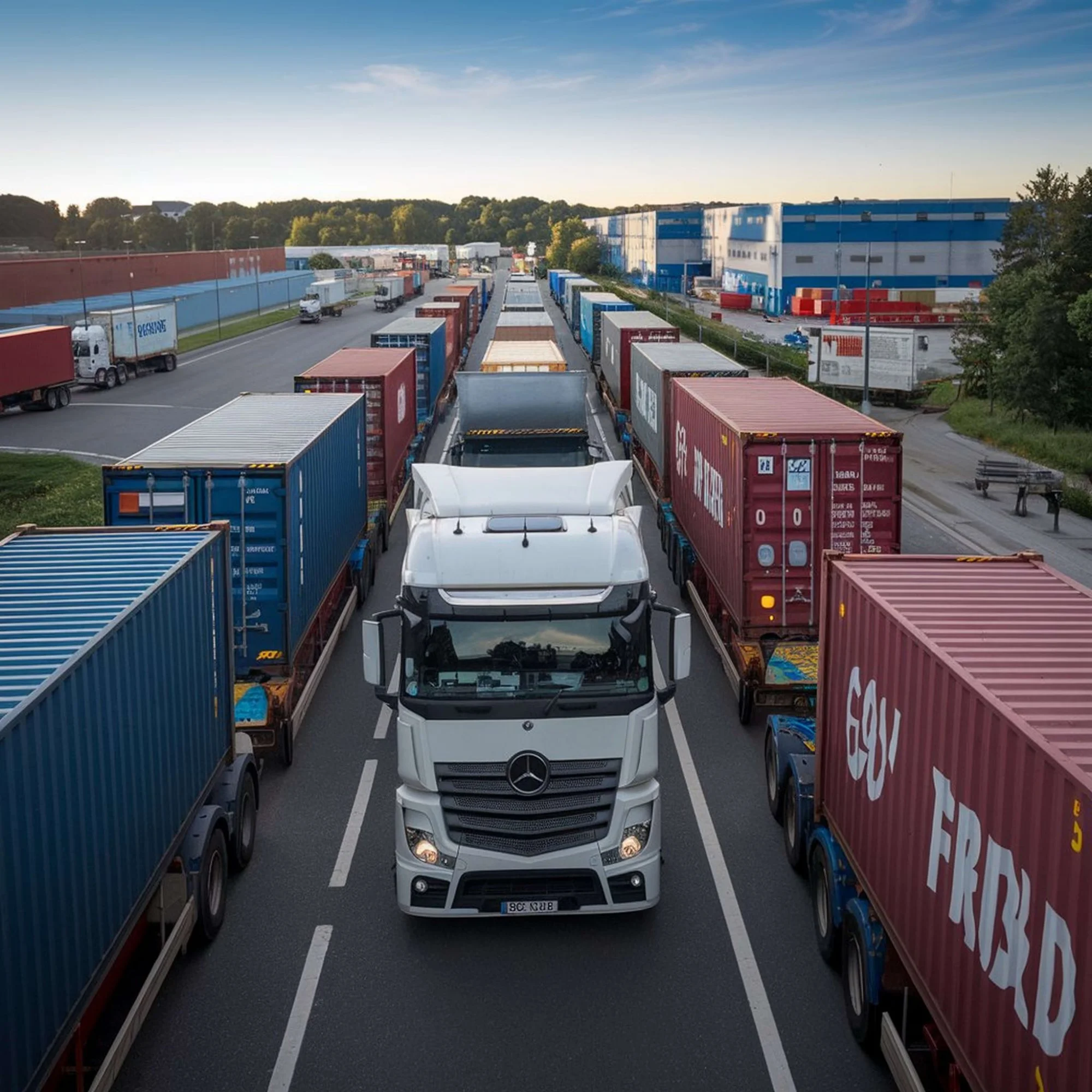 Mercedes LKW zwischen Containern im Logistikzentrum – KFZ-Flottenversicherung Güterverkehr