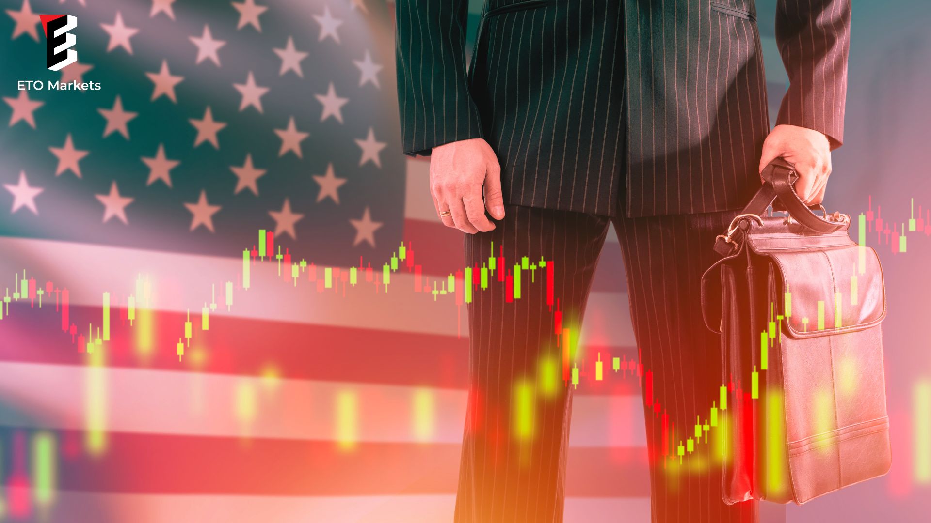 US flag and trading chart illustrate the stock market, and a person representing the work force.