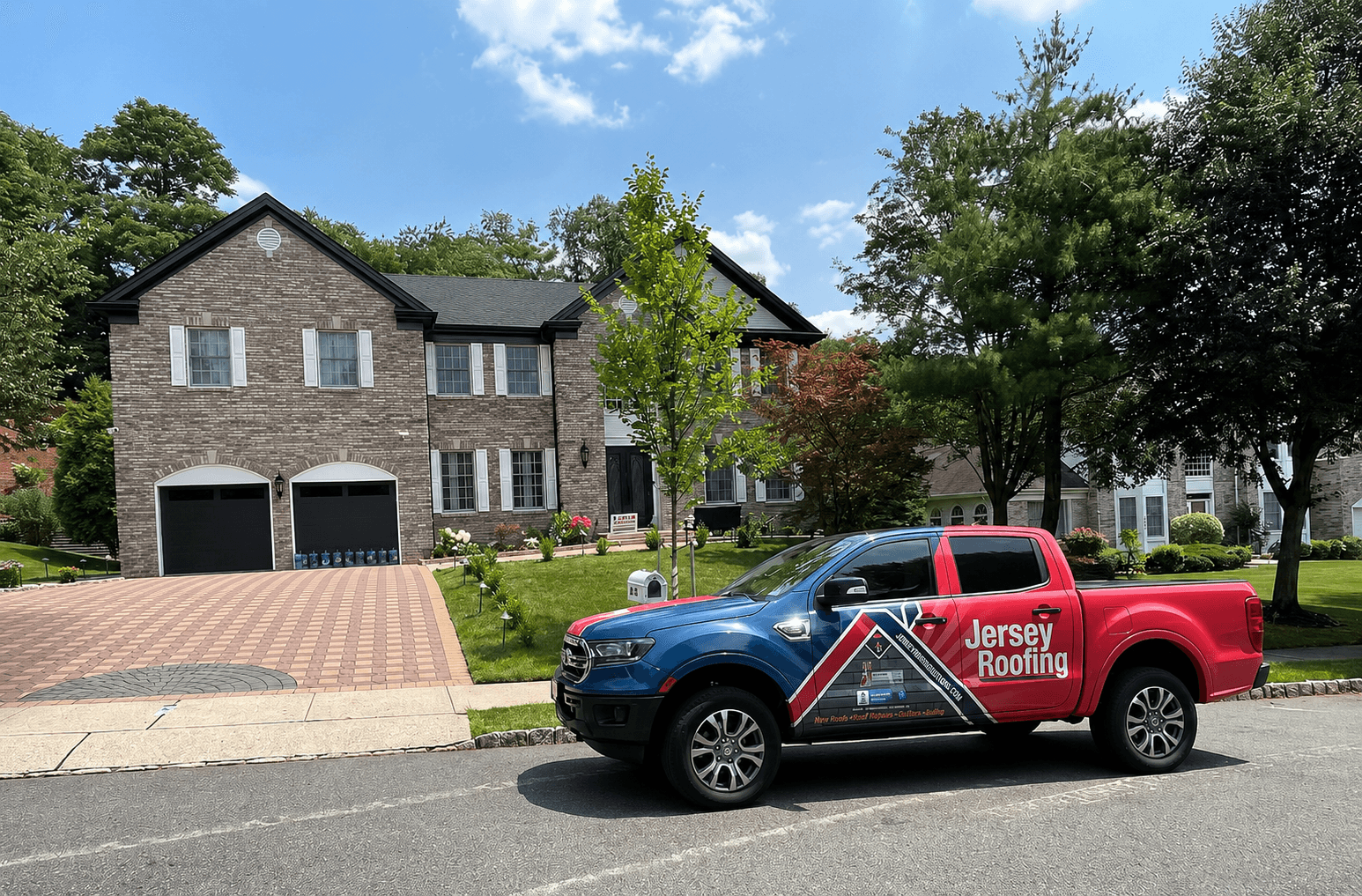 A residential home with a Jersey Roofing truck parked out front