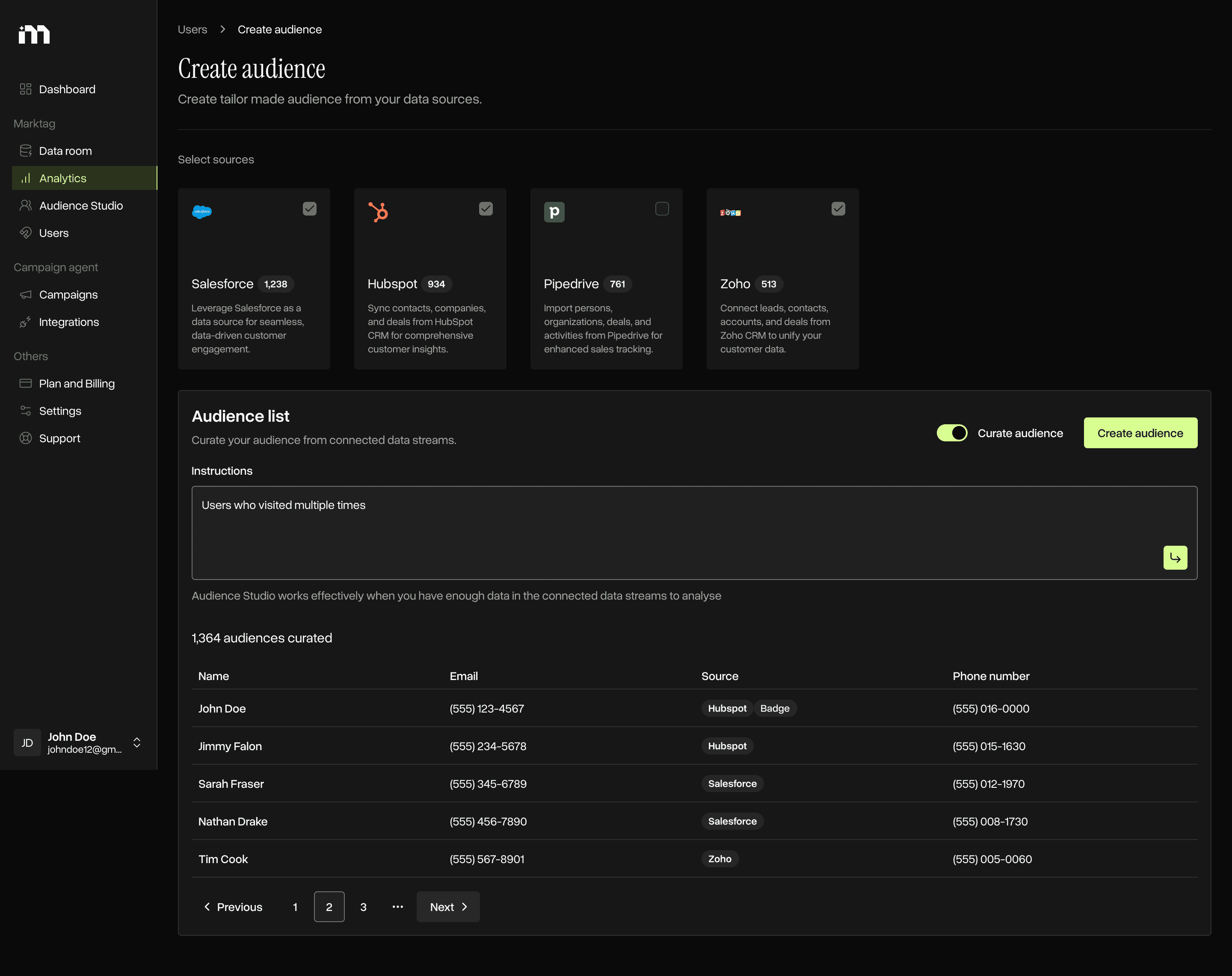 Markopolo AI audience section interface for custom lifecycle campaigns