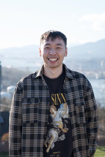 persona portrait image man with orange background and person's image on top