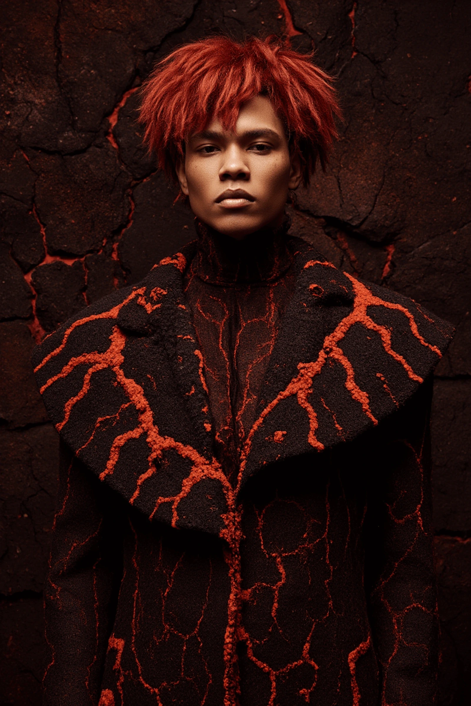Male model in fiery red detailed clothing