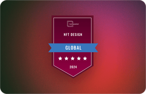 A dark red shield-shaped badge reads ‘The Manifest NFT Design Global 2024’ with five stars on a warm gradient background.