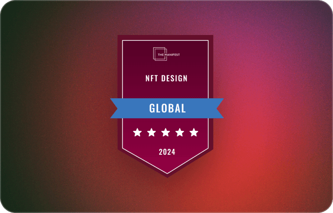 A dark red shield-shaped badge reads ‘The Manifest NFT Design Global 2024’ with five stars on a warm gradient background.