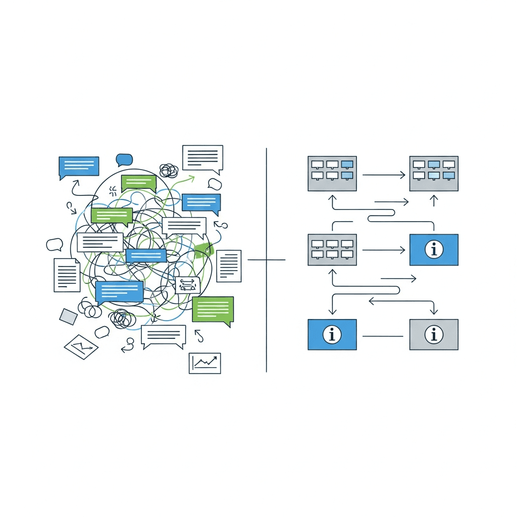 A clean, modern illustration showing two contrasting communication workflows side by side. On the left, a chaotic tangle of message threads, scattered documents, and confused arrows representing inefficient communication. On the right, a streamlined, organized flow with clear pathways, structured information blocks, and direct connections representing efficient communication patterns. Use a minimalist style with a professional color palette of blues, greens, and grays. The visual should clearly show the difference between disorganized and well-structured team communication without any text or words.