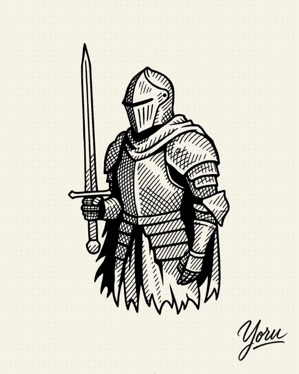 Diseño de tatuaje de un caballero medieval con armadura completa, sosteniendo una espada en vertical, en estilo de grabado.