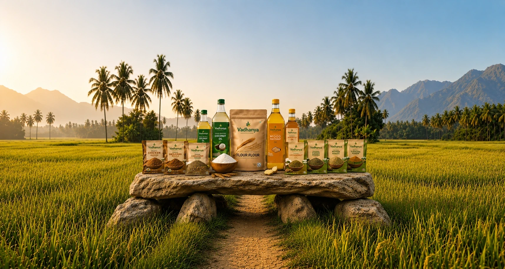 Vadhanya organic groceries displayed in lush green farms featuring cold pressed oils, spices and stoneground wheat flour