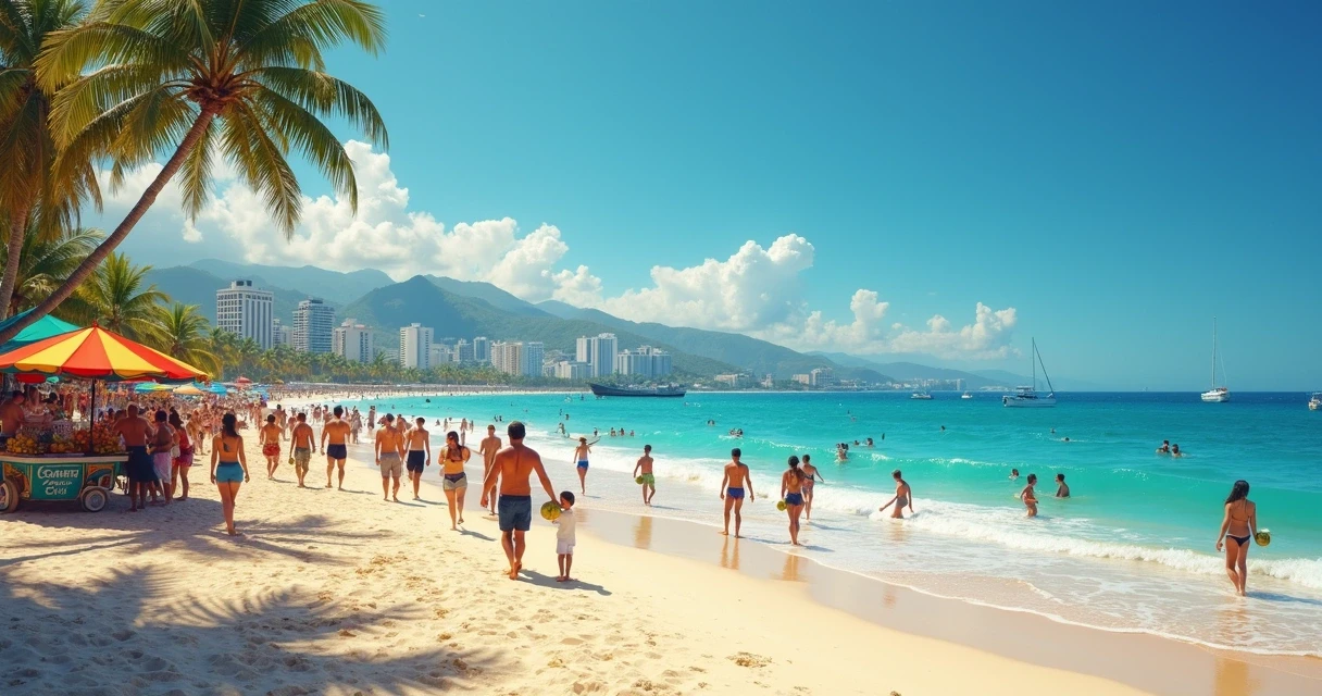 Praia cheia de turistas estrangeiros em cidade brasileira