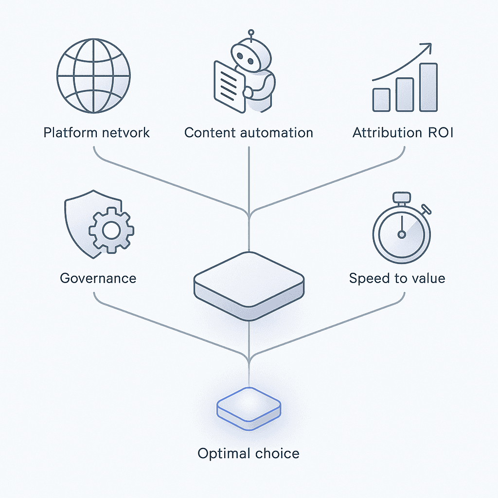 Decision flowchart with branching icons guiding from evaluation criteria to chosen solution pathway