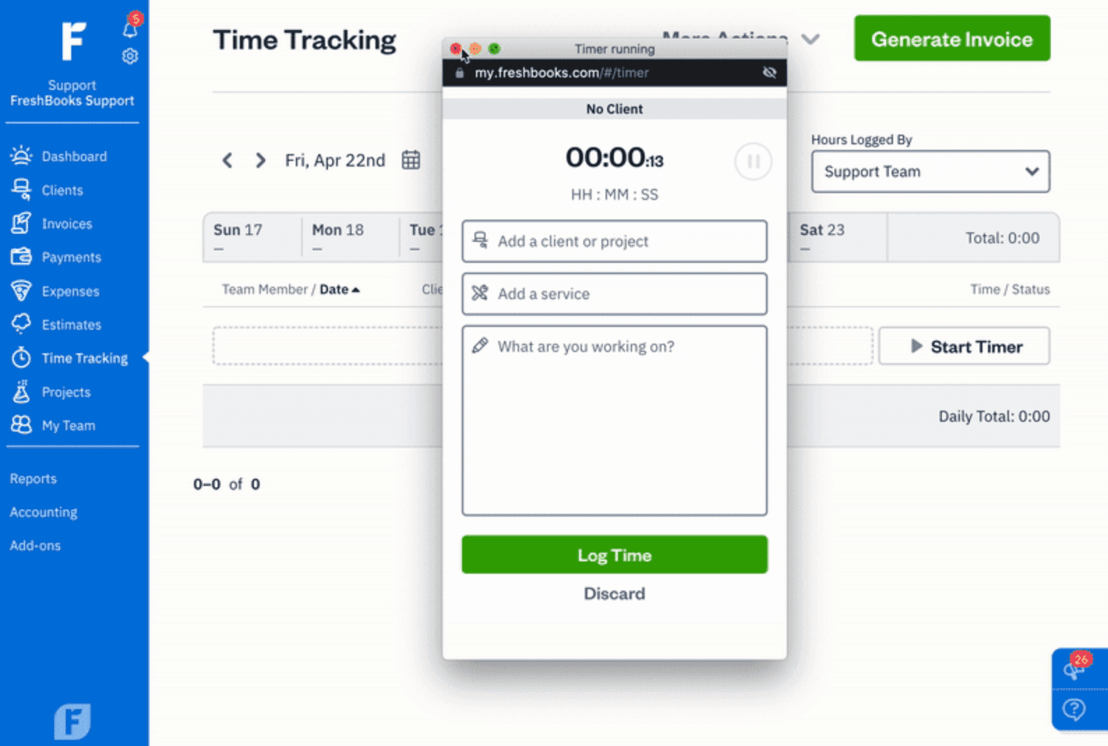 FreshBooks built-in time tracking flowing directly to client invoice — accurate billing for freelancers