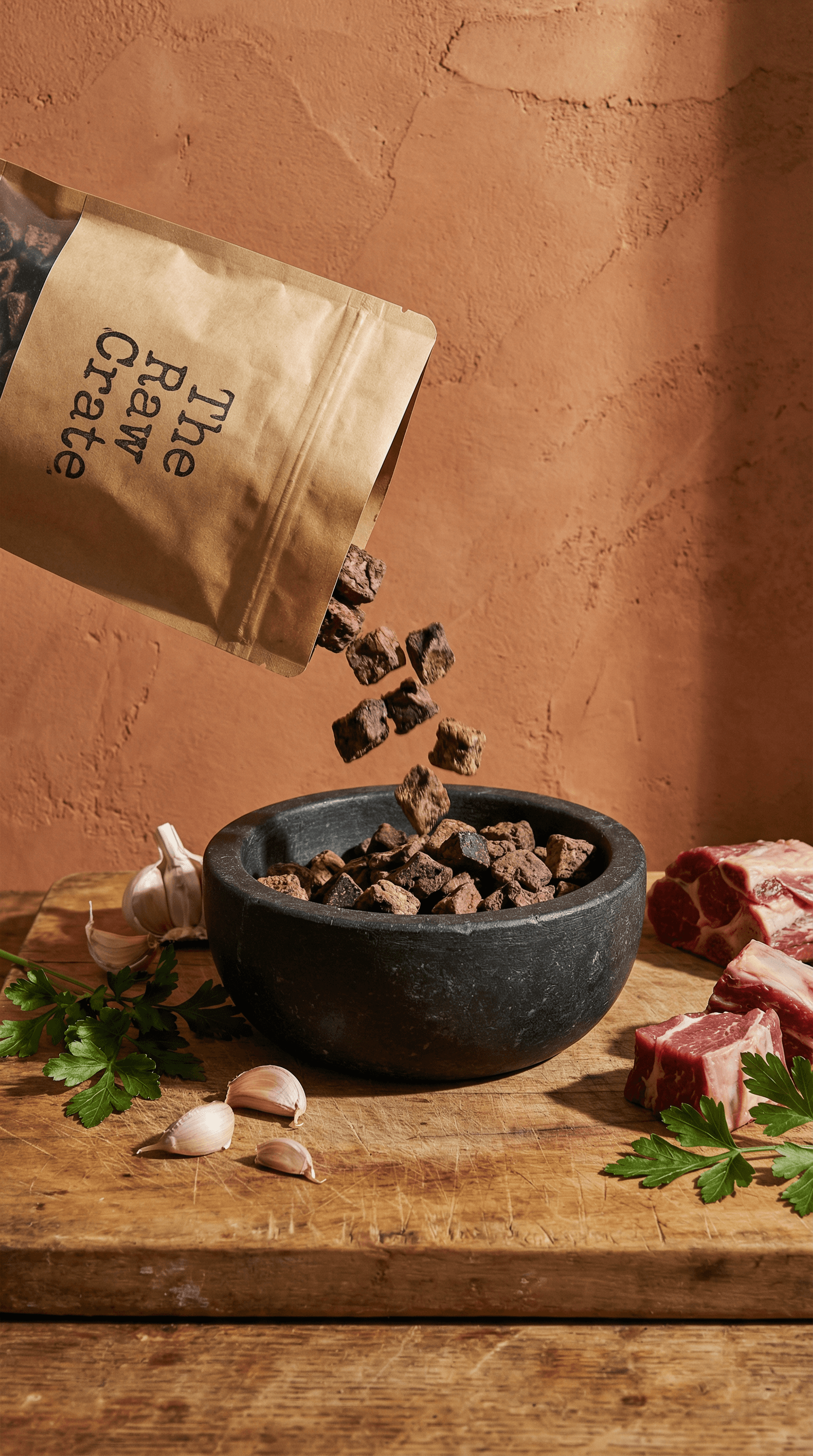 Kraft pouch labeled The Raw Crate pouring chunky dog food into a stone bowl with garlic and herbs