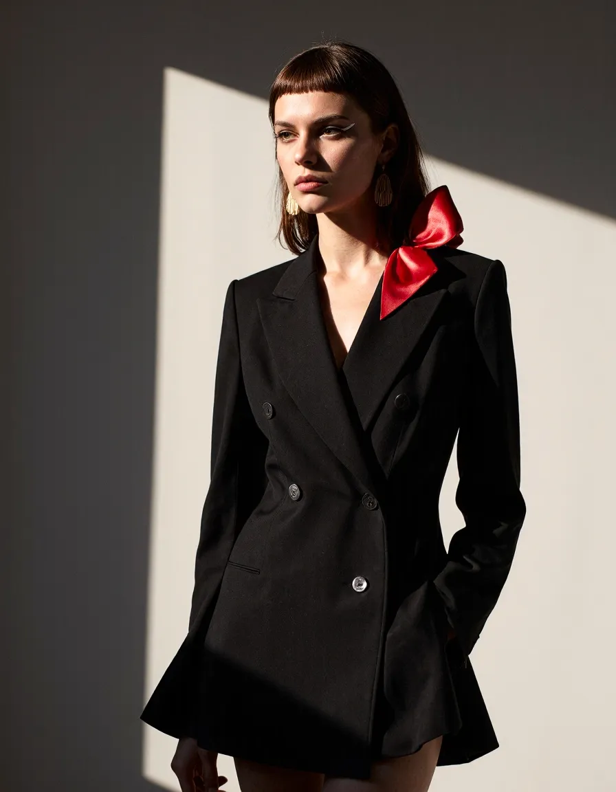 Woman in black blazer with red bow accent, dramatic window lighting creating shadow contrast on neutral background