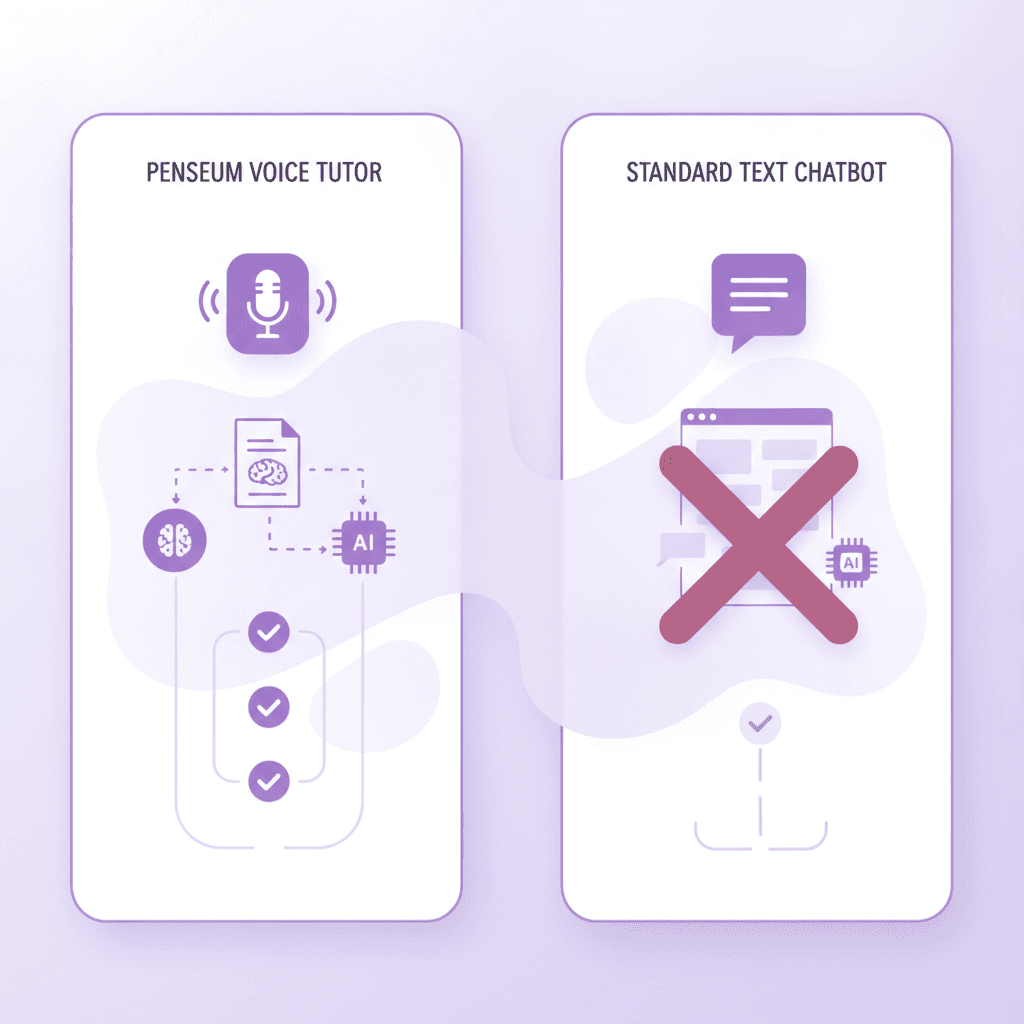 A clean comparison chart graphic showing Penseum's voice tutor interface versus a standard text chatbot interface