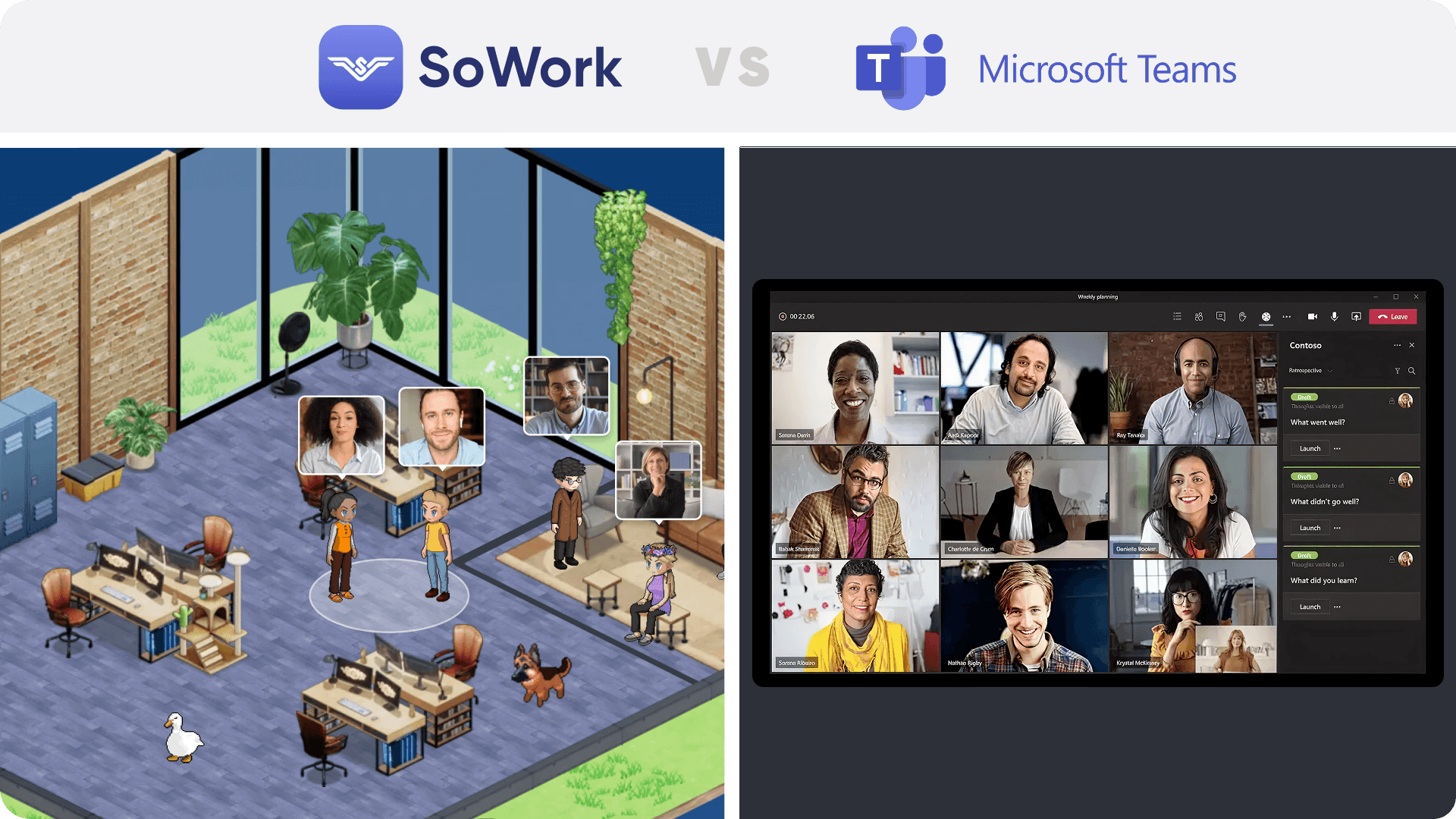Side-by-side comparison of SoWork’s immersive 2.5D virtual office versus Microsoft Teams' traditional grid-style video conferencing interface for remote workforce collaboration.