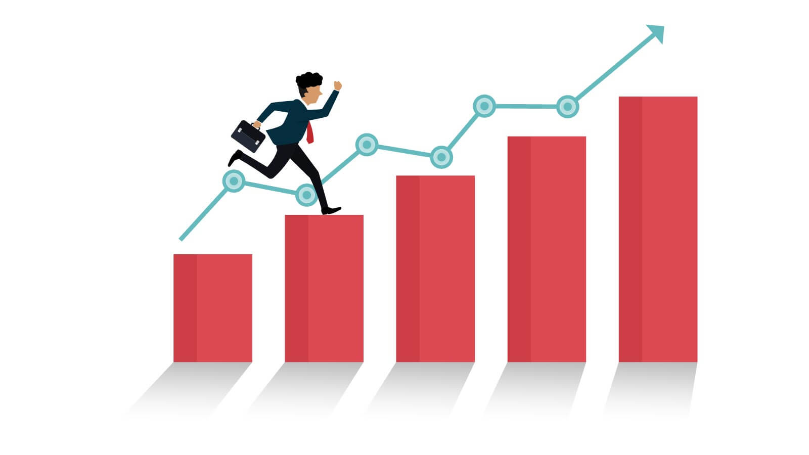 Illustration of a business person running upward on ascending bar graphs with an arrow indicating growth, symbolizing success and progress in business