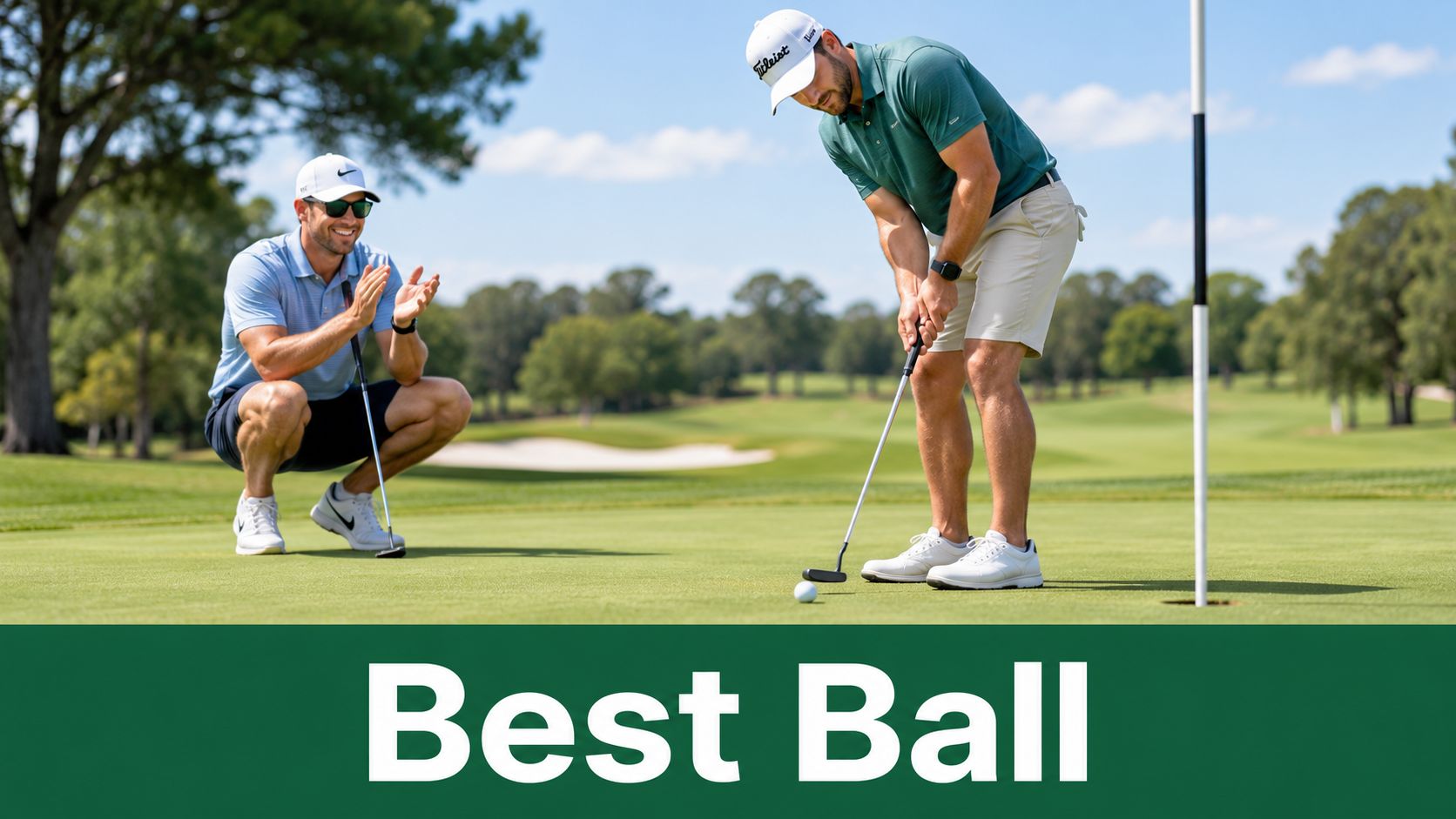 A man watches his friend put a golf ball on a green while clapping in encouragement.