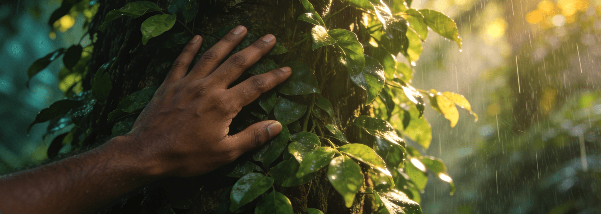 Sunlight streaming through lush green trees, casting shadows on a modern architectural building with glass panels and vertical wooden slats.