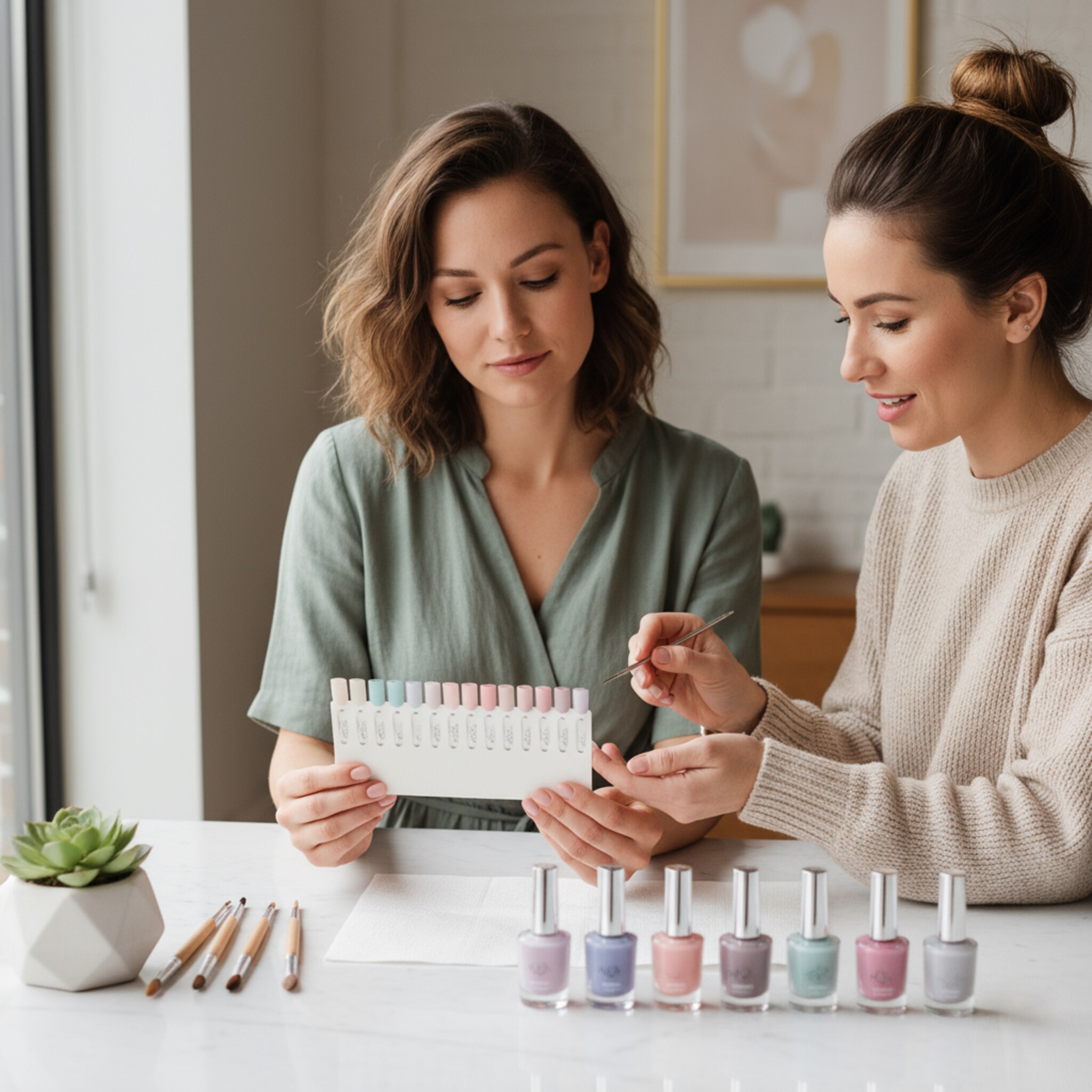 Eine Kundin blättert durch eine saubere Farbauswahlkarte, während die Stylistin geduldig Varianten erklärt. Ein schlichter Marmortisch, geordnete Pinsel und eine kleine Pflanze schaffen Ruhe. Weiches Licht betont gepflegte Hände. Die Szene konzentriert sich auf die Auswahl des Designs und wirkt modern, warm und aufgeräumt.