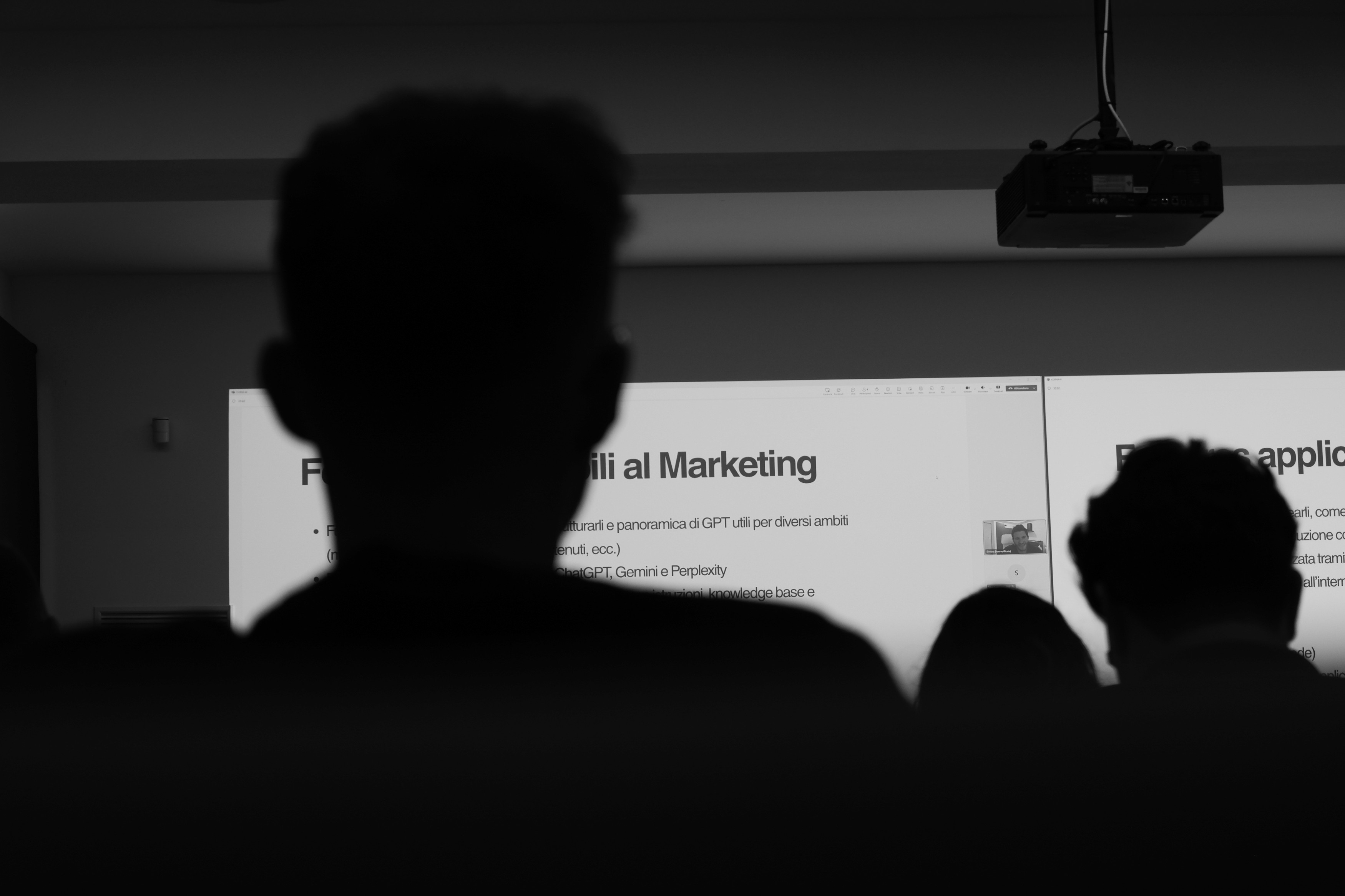 foto di spalle di un gruppo di persone sedute che assiste ad un webinar