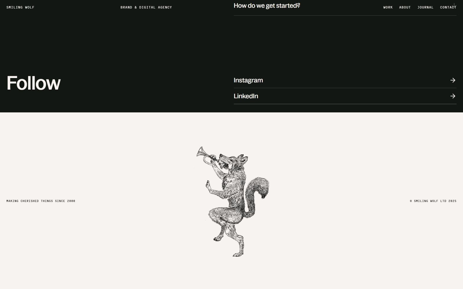 A wolf standing upright, playing a trumpet. Text: "Follow", "How do we get started?", "Instagram", "LinkedIn".