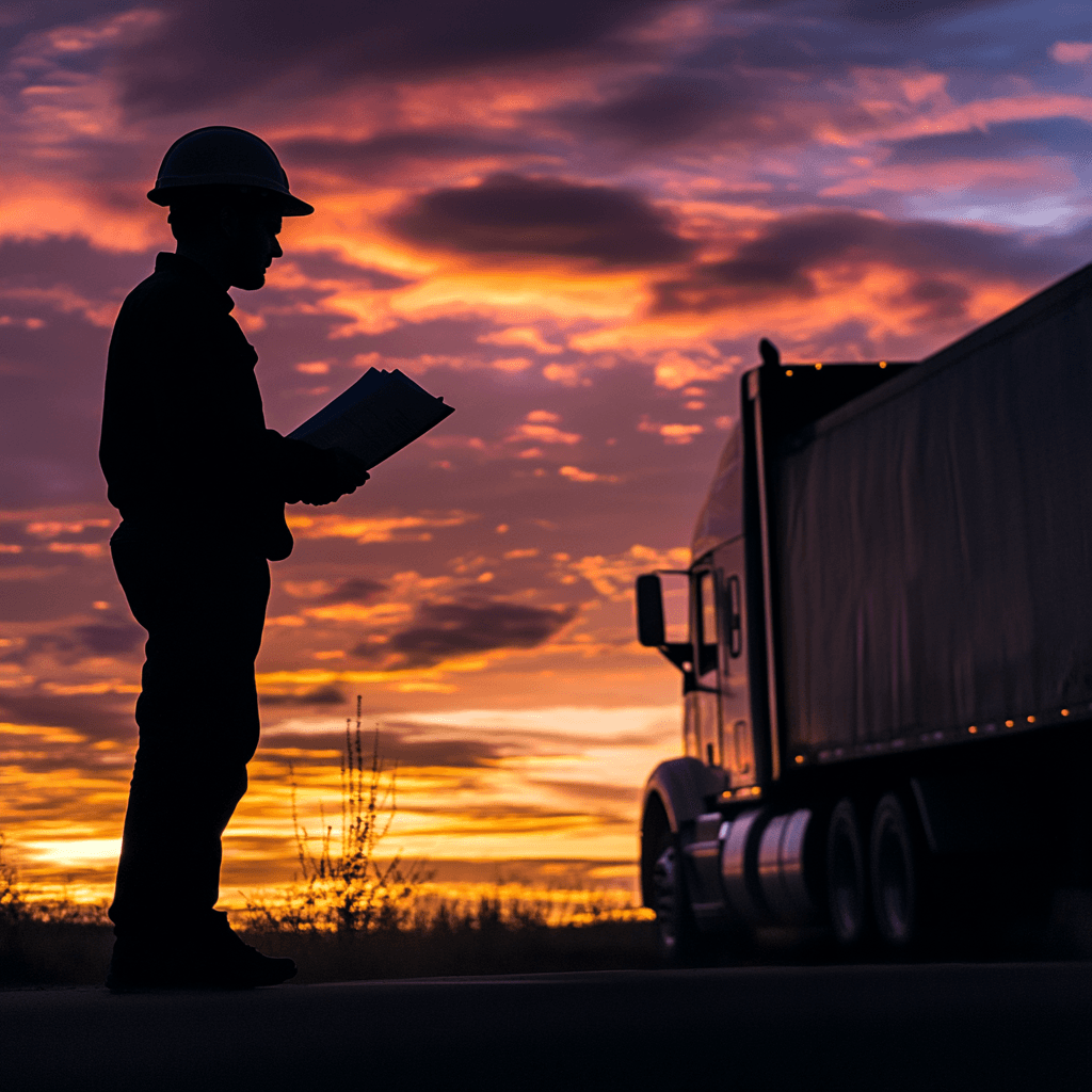 Truck driver examining documents with a semi-truck in the background under a sunset sky.