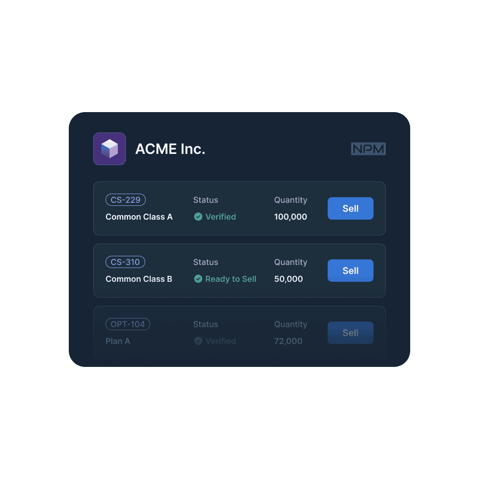 A digital dashboard for ACME Inc. shows stock classes. "Common Class A" is verified with 100,000 available, and "Common Class B" is ready to sell at 50,000.