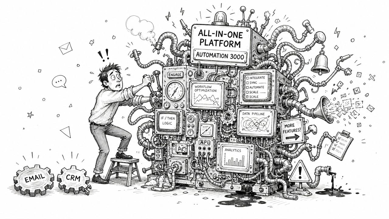 A person struggling to operate a complex, overwhelming all-in-one marketing automation platform with various mechanical parts.